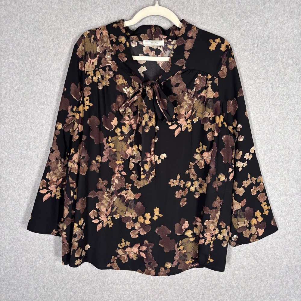 Dark Romantic Tie Neck Blouse 1X Black Floral Popover Feminine Career Church